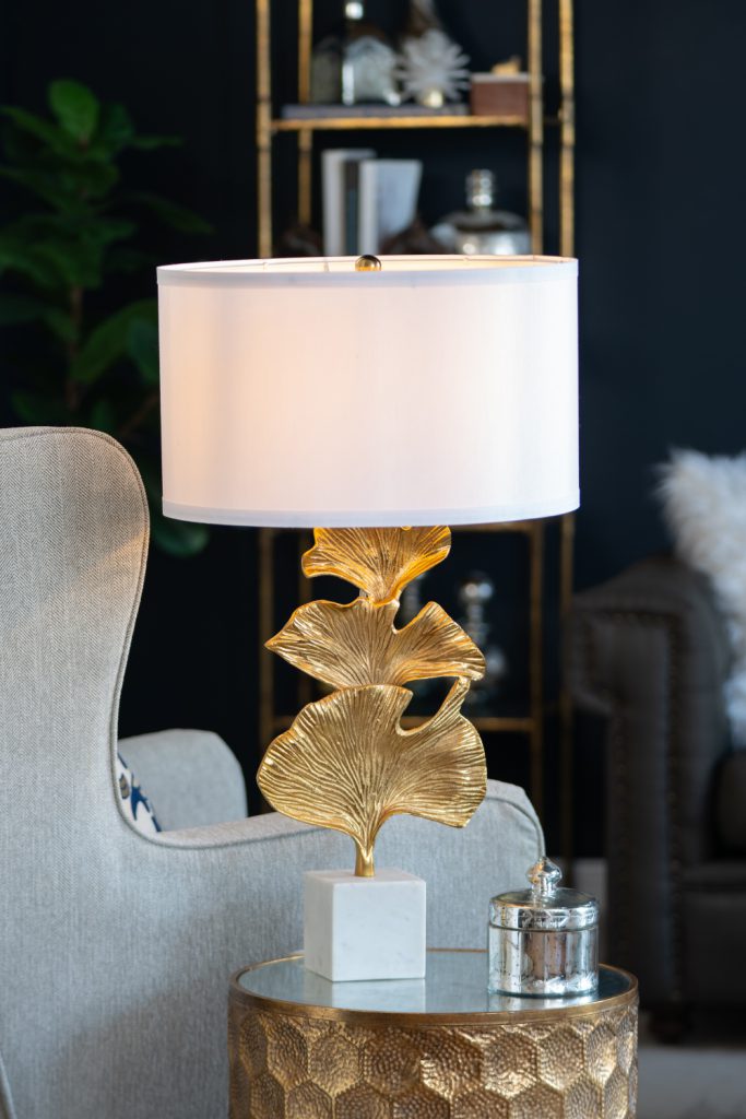 A&B Home 17" x 30" Bundle of 10 Gold Ginkgo Leaf Table Lamp with Marble Base and White Drum Shade