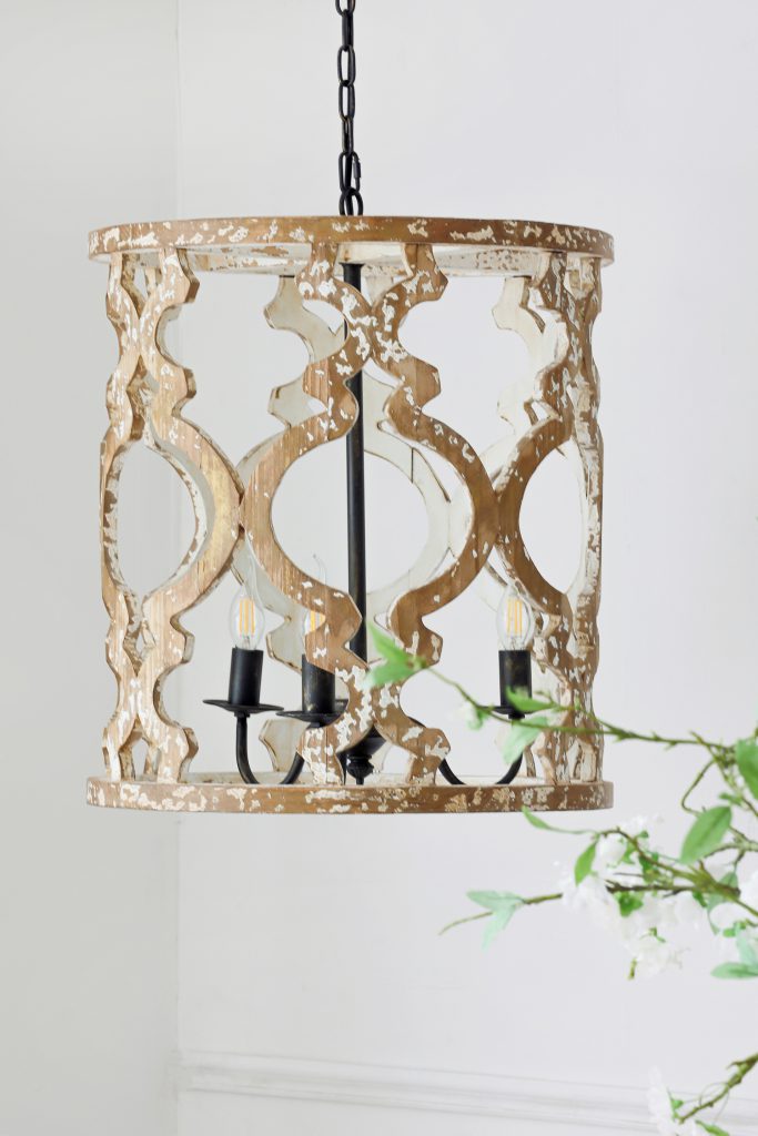 A&B Home 19" x 23" 3-Light Whitewash Wooden Chandelier With Black Metal Fixture