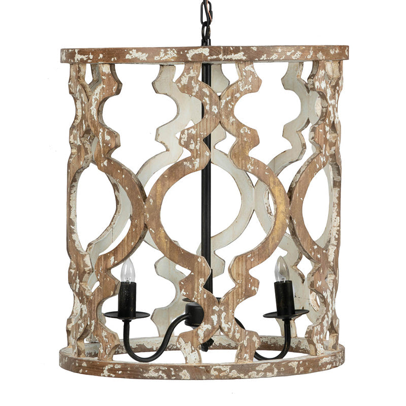 A&B Home 19" x 23" 3-Light Whitewash Wooden Chandelier With Black Metal Fixture