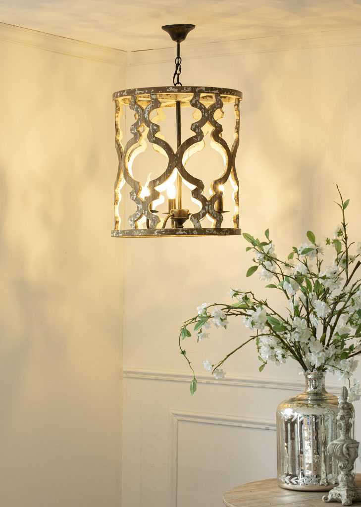 A&B Home 19" x 23" 3-Light Whitewash Wooden Chandelier With Black Metal Fixture