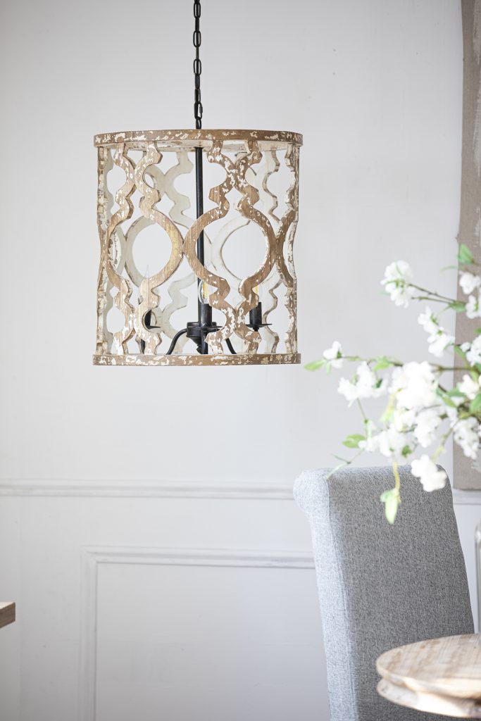 A&B Home 19" x 23" 3-Light Whitewash Wooden Chandelier With Black Metal Fixture