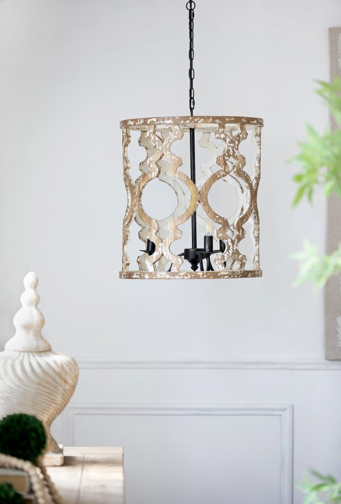 A&B Home 19" x 23" 3-Light Whitewash Wooden Chandelier With Black Metal Fixture