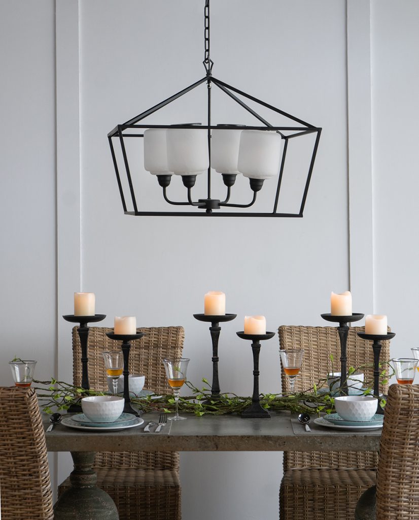 A&B Home 26" x 22" 4-Light Geometric Shape Black Metal Frame and Opaque Glass Chandelier
