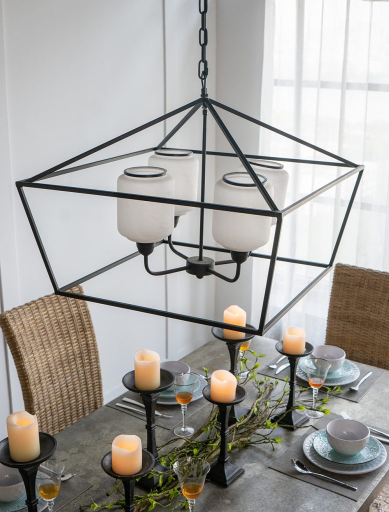 A&B Home 26" x 22" 4-Light Geometric Shape Black Metal Frame and Opaque Glass Chandelier