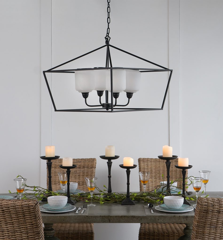A&B Home 26" x 22" 4-Light Geometric Shape Black Metal Frame and Opaque Glass Chandelier