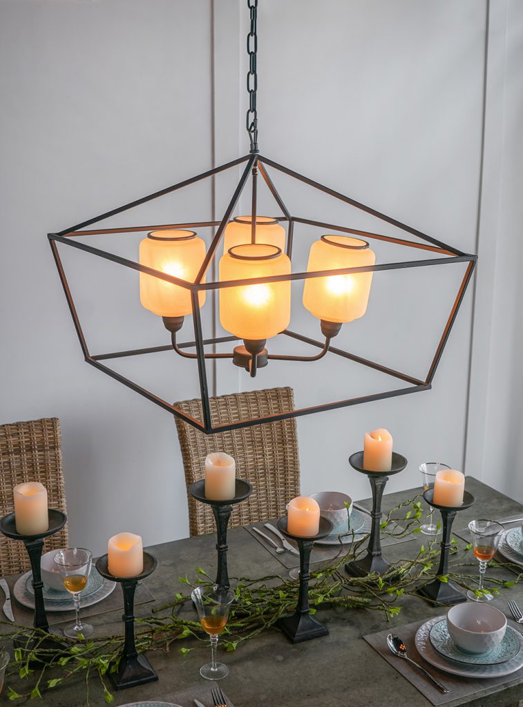 A&B Home 26" x 22" 4-Light Geometric Shape Black Metal Frame and Opaque Glass Chandelier
