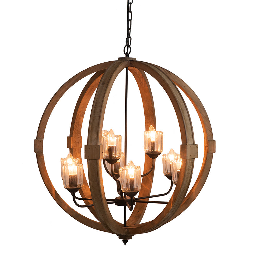 A&B Home Bundle of 3 Reider 32" x 34" 9-Light Round Natural Brown Wooden Chandelier With Glass