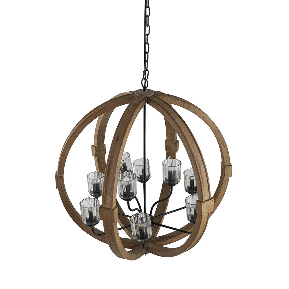 A&B Home Bundle of 3 Reider 32" x 34" 9-Light Round Natural Brown Wooden Chandelier With Glass