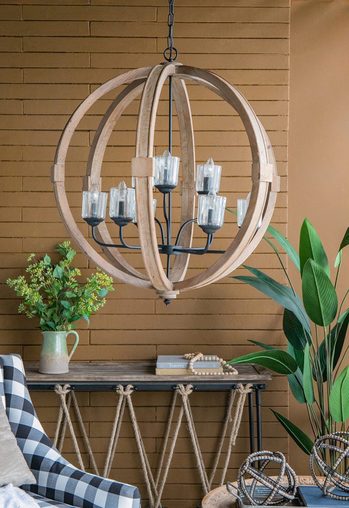 A&B Home Bundle of 3 Reider 32" x 34" 9-Light Round Natural Brown Wooden Chandelier With Glass