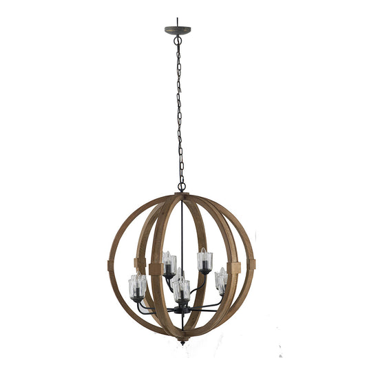 A&B Home Bundle of 3 Reider 32" x 34" 9-Light Round Natural Brown Wooden Chandelier With Glass