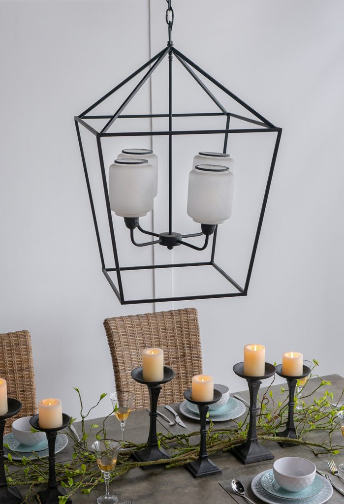 A&B Home Bundle of 4 22" x 34" 4-Light Geometric Shape Black Metal Frame and Opaque Glass Chandelier