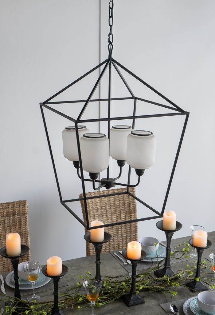 A&B Home Bundle of 4 22" x 34" 4-Light Geometric Shape Black Metal Frame and Opaque Glass Chandelier