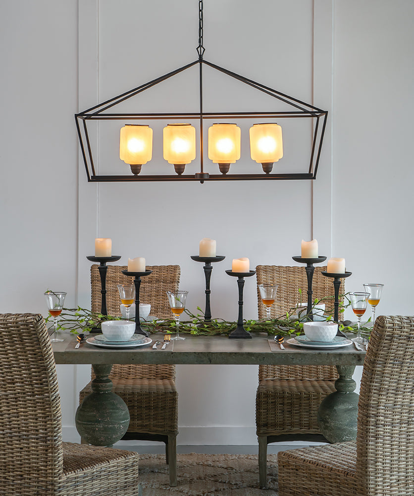 A&B Home Bundle of 4 42" x 24" 4-Light Geometric Shape Black Metal Frame and Opaque Glass Chandelier