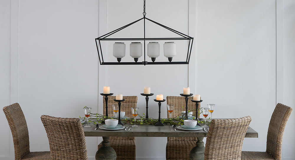 A&B Home Bundle of 4 42" x 24" 4-Light Geometric Shape Black Metal Frame and Opaque Glass Chandelier