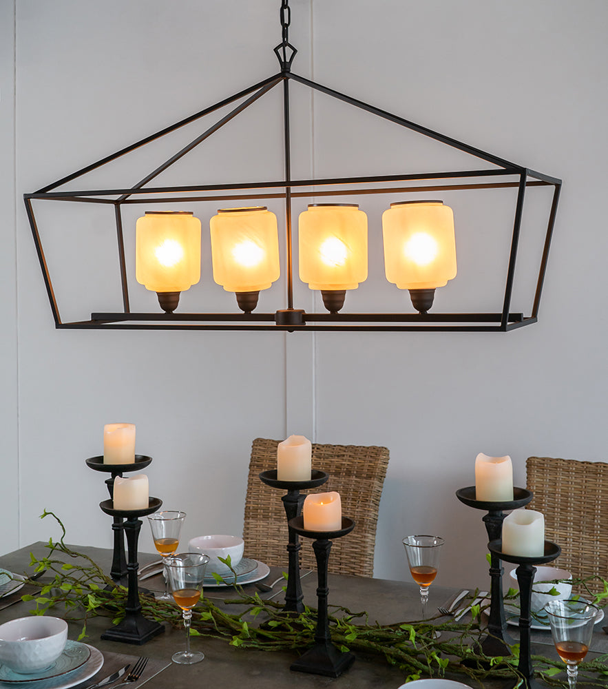 A&B Home Bundle of 4 42" x 24" 4-Light Geometric Shape Black Metal Frame and Opaque Glass Chandelier