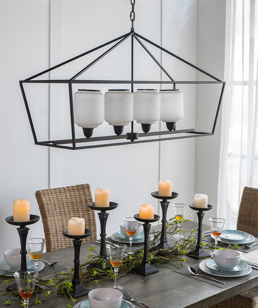 A&B Home Bundle of 4 42" x 24" 4-Light Geometric Shape Black Metal Frame and Opaque Glass Chandelier