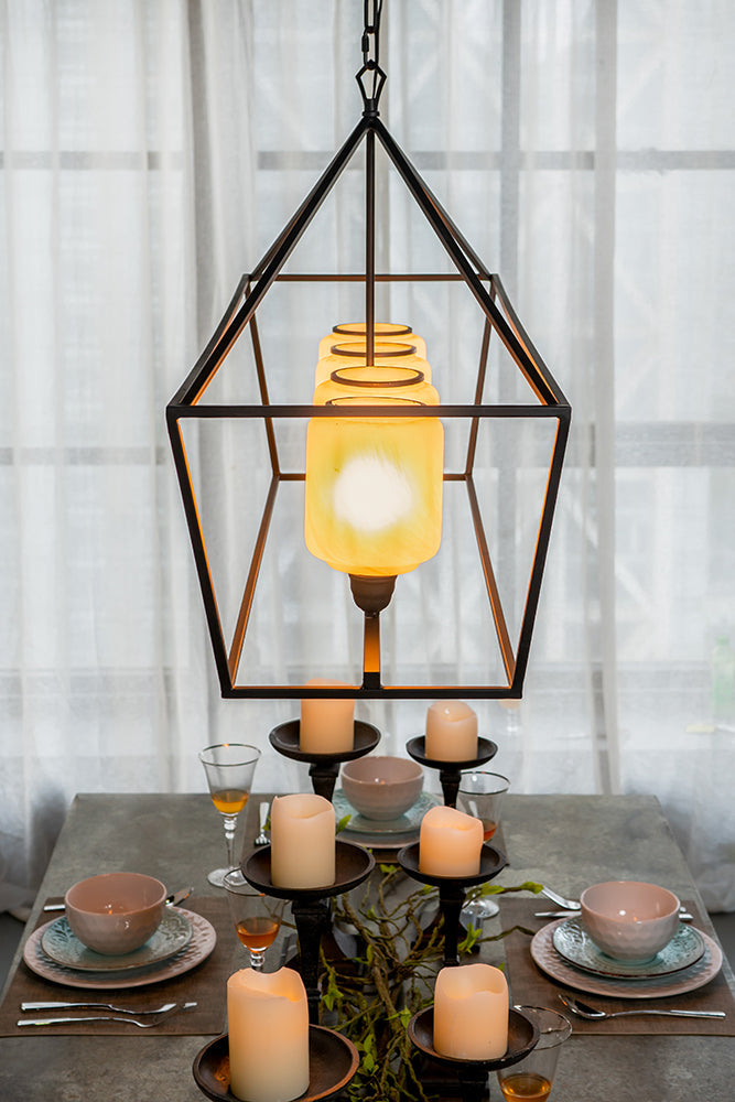 A&B Home Bundle of 4 42" x 24" 4-Light Geometric Shape Black Metal Frame and Opaque Glass Chandelier