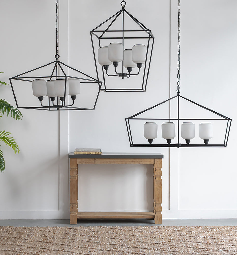 A&B Home Bundle of 4 42" x 24" 4-Light Geometric Shape Black Metal Frame and Opaque Glass Chandelier