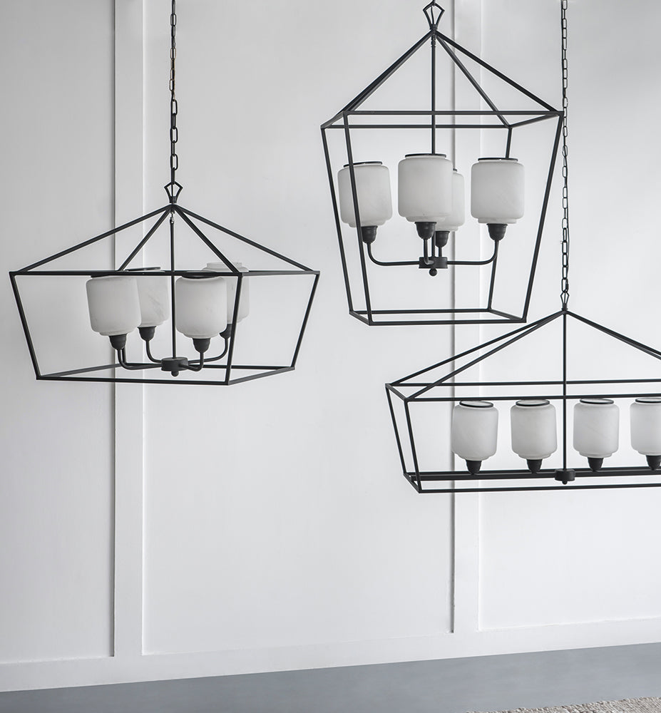 A&B Home Bundle of 4 42" x 24" 4-Light Geometric Shape Black Metal Frame and Opaque Glass Chandelier