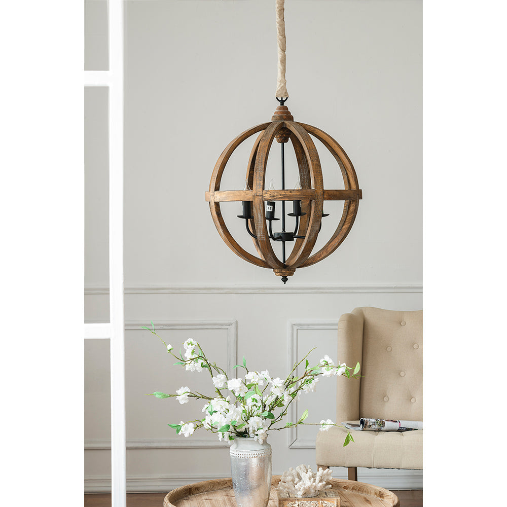 A&B Home Bundle of 5 Pratt 22" x 29" 4-Light Rich Wooden Sphere Chandelier With Black Metal Fixture