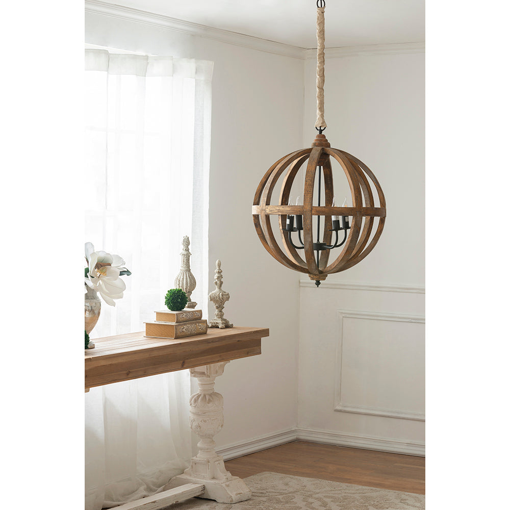 A&B Home Bundle of 5 Pratt 22" x 29" 4-Light Rich Wooden Sphere Chandelier With Black Metal Fixture