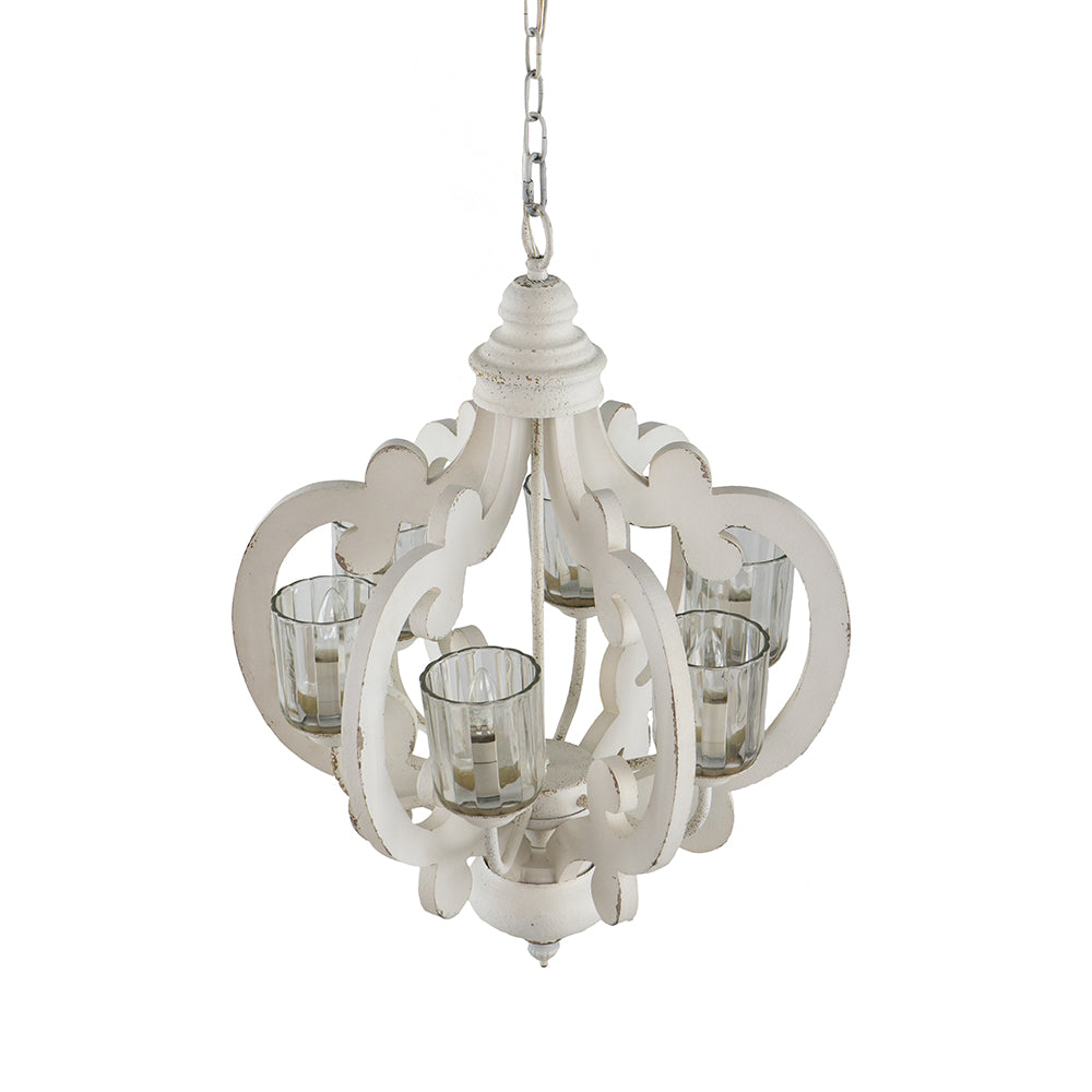 A&B Home Bundle of 6 Baroda 21" x 24" 6-Light Distressed Cream Wooden Chandelier With Glass