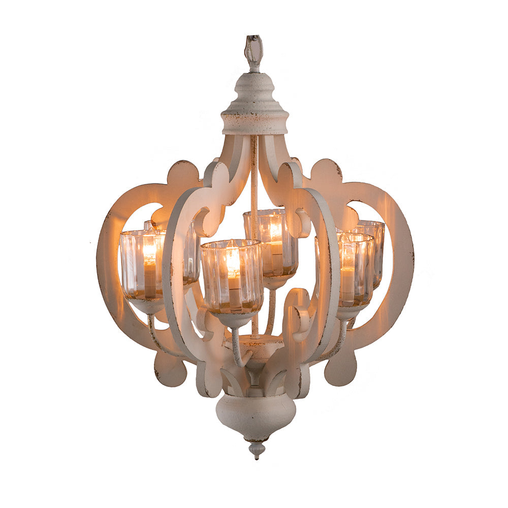 A&B Home Bundle of 6 Baroda 21" x 24" 6-Light Distressed Cream Wooden Chandelier With Glass