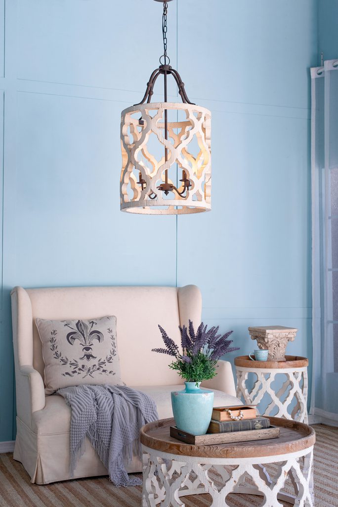 A&B Home Bundle of 7 Jolette 19" x 34" 4-Light Distressed White Wooden Chandelier With Antique Bronze Metal Fixture