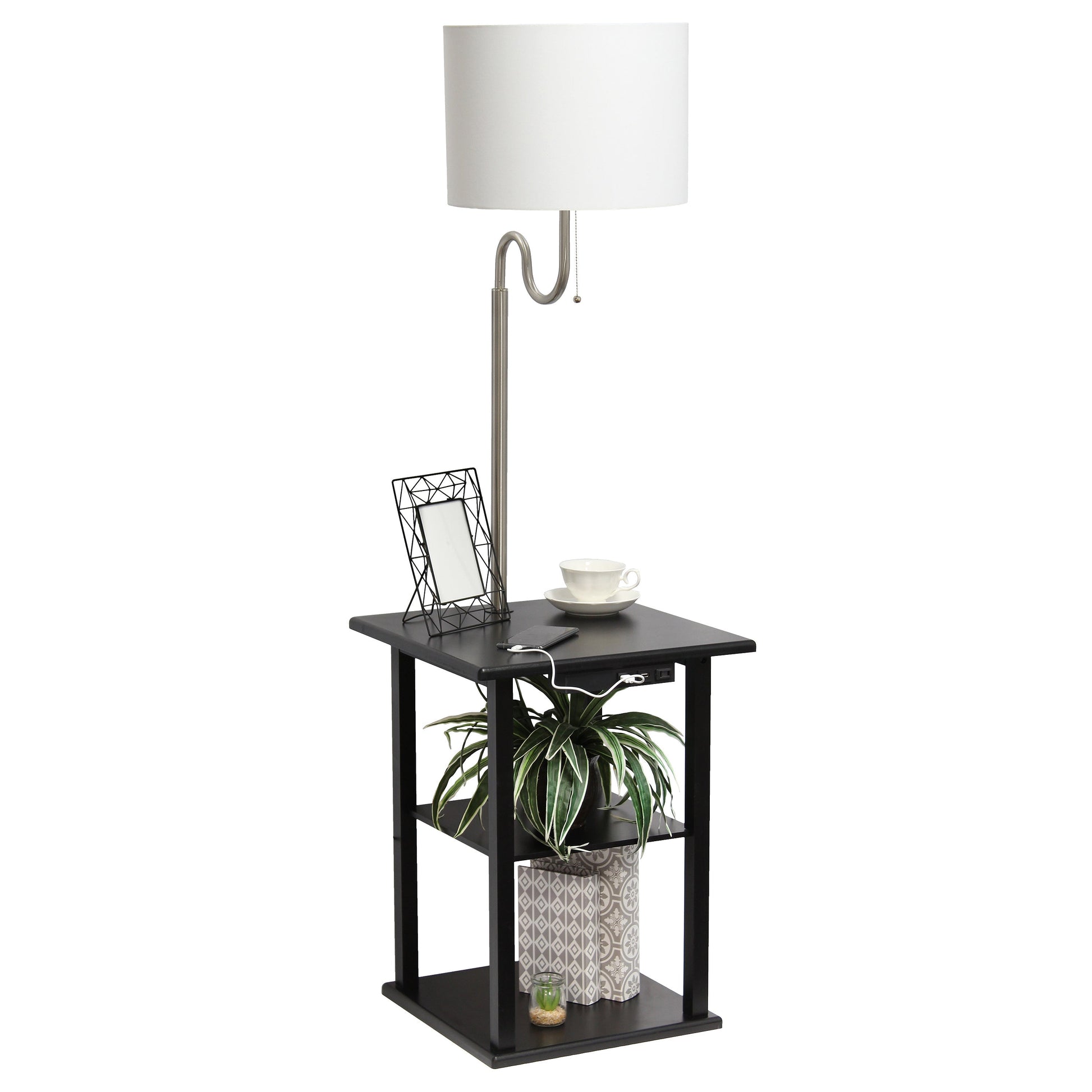 All The Rages 57" Black 2-Tier End Table Floor Lamp Combination With 2 USB Charging Ports & Power Outlet