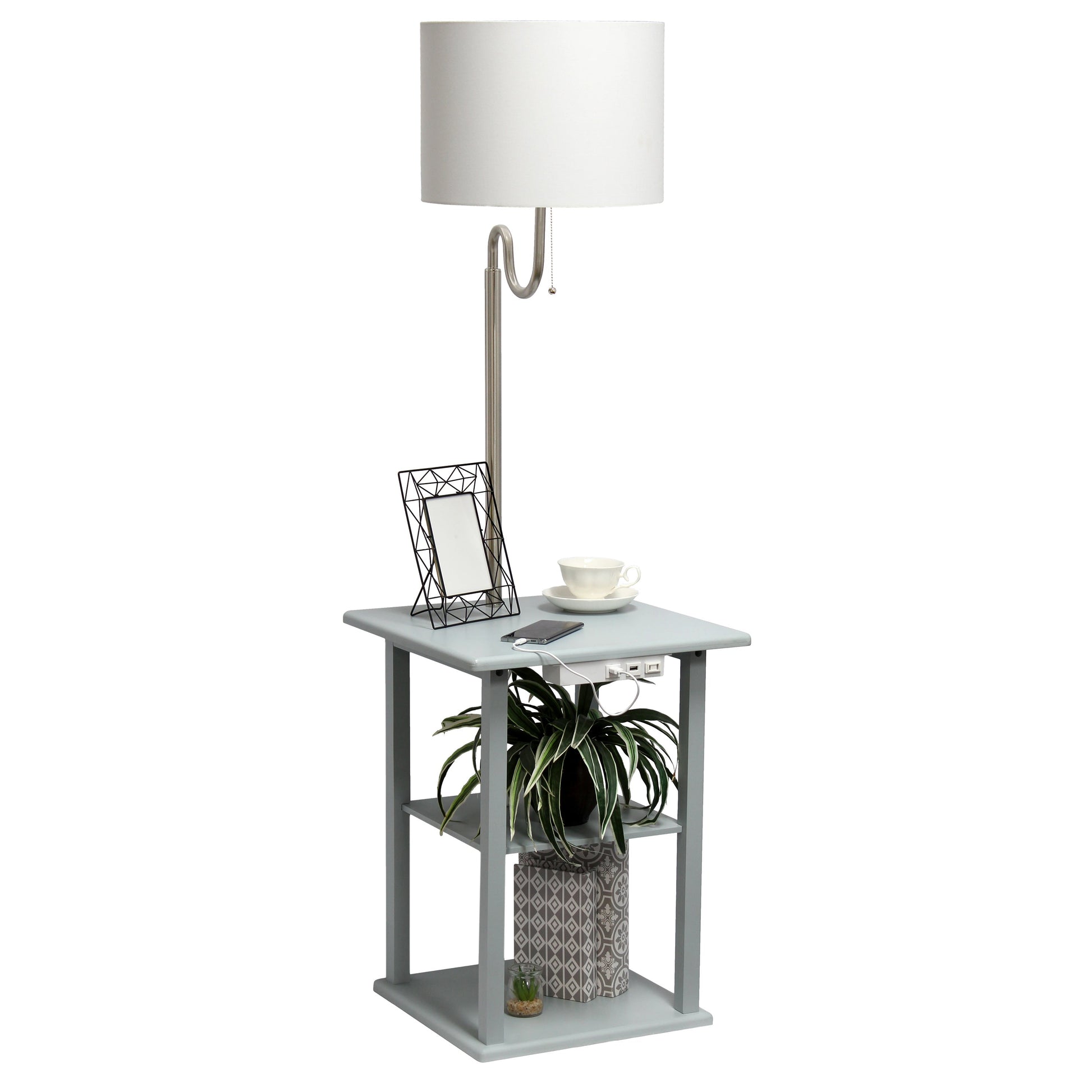 All The Rages 57" Gray 2-Tier End Table Floor Lamp Combination With 2 USB Charging Ports & Power Outlet