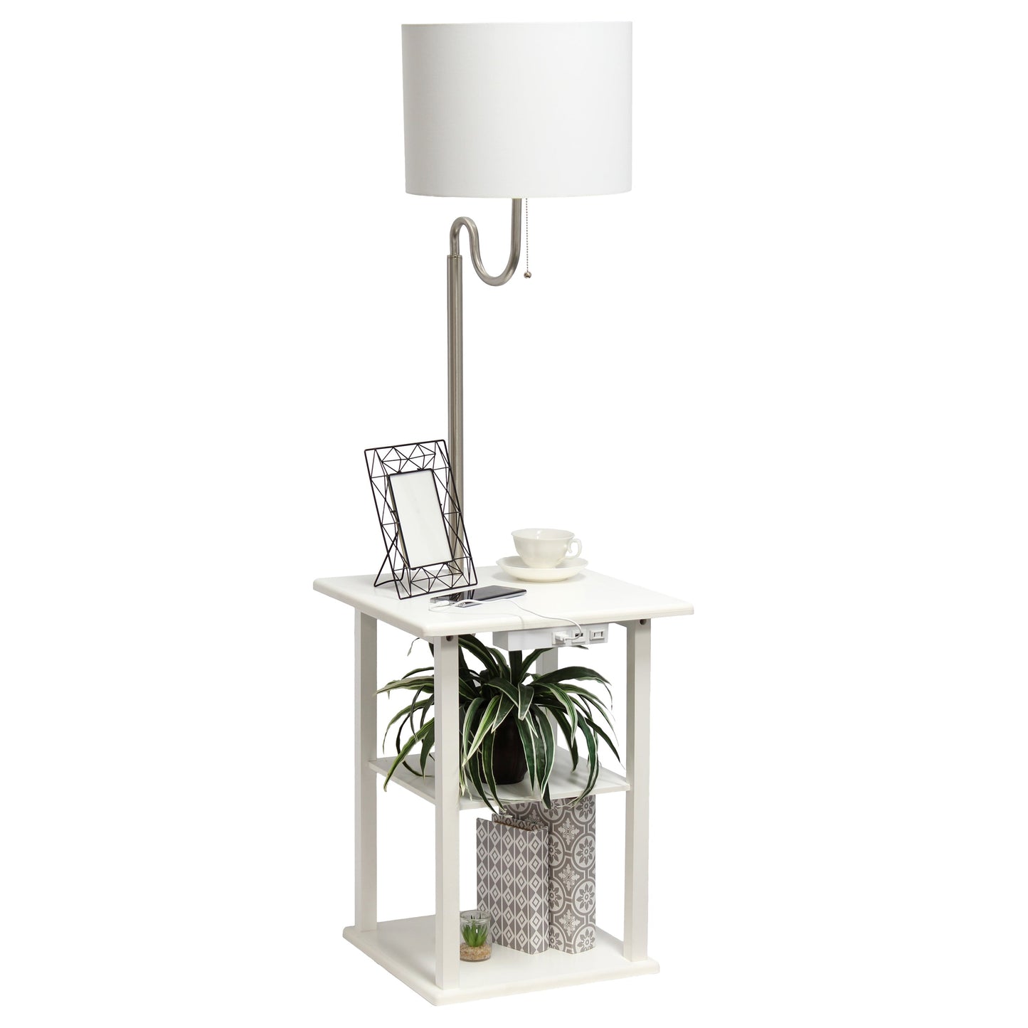 All The Rages 57" White 2-Tier End Table Floor Lamp Combination With 2 USB Charging Ports & Power Outlet