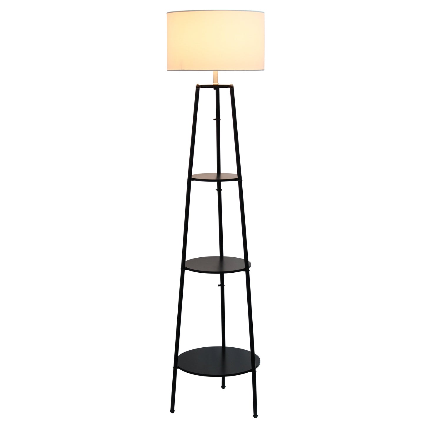 All The Rages 63" Black Tall Tripod 3-Tier Shelf Standing Floor Lamp With White Drum Fabric Shade