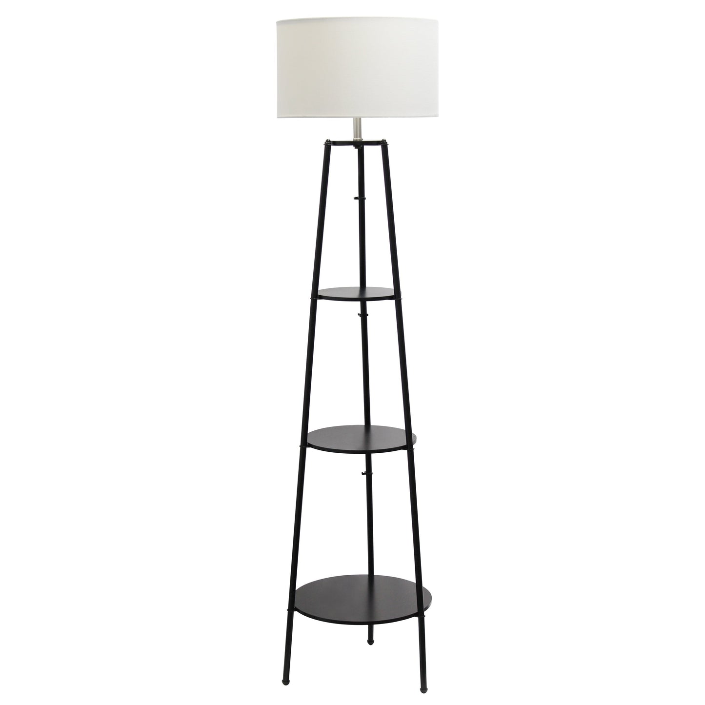 All The Rages 63" Black Tall Tripod 3-Tier Shelf Standing Floor Lamp With White Drum Fabric Shade