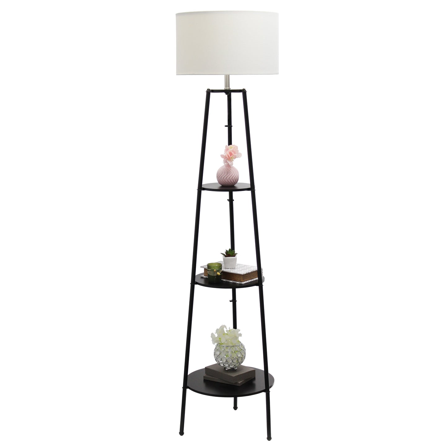 All The Rages 63" Black Tall Tripod 3-Tier Shelf Standing Floor Lamp With White Drum Fabric Shade