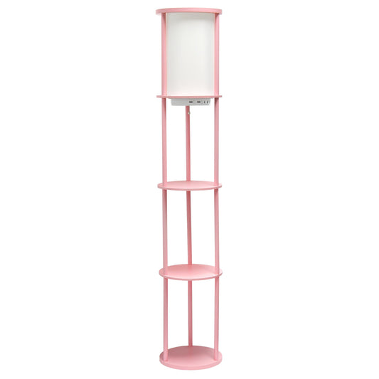 All The Rages 63" Light Pink Round Modern Shelf Etagere Organizer Storage Floor Lamp With 2 USB Charging Ports & 1 Charging Outlet
