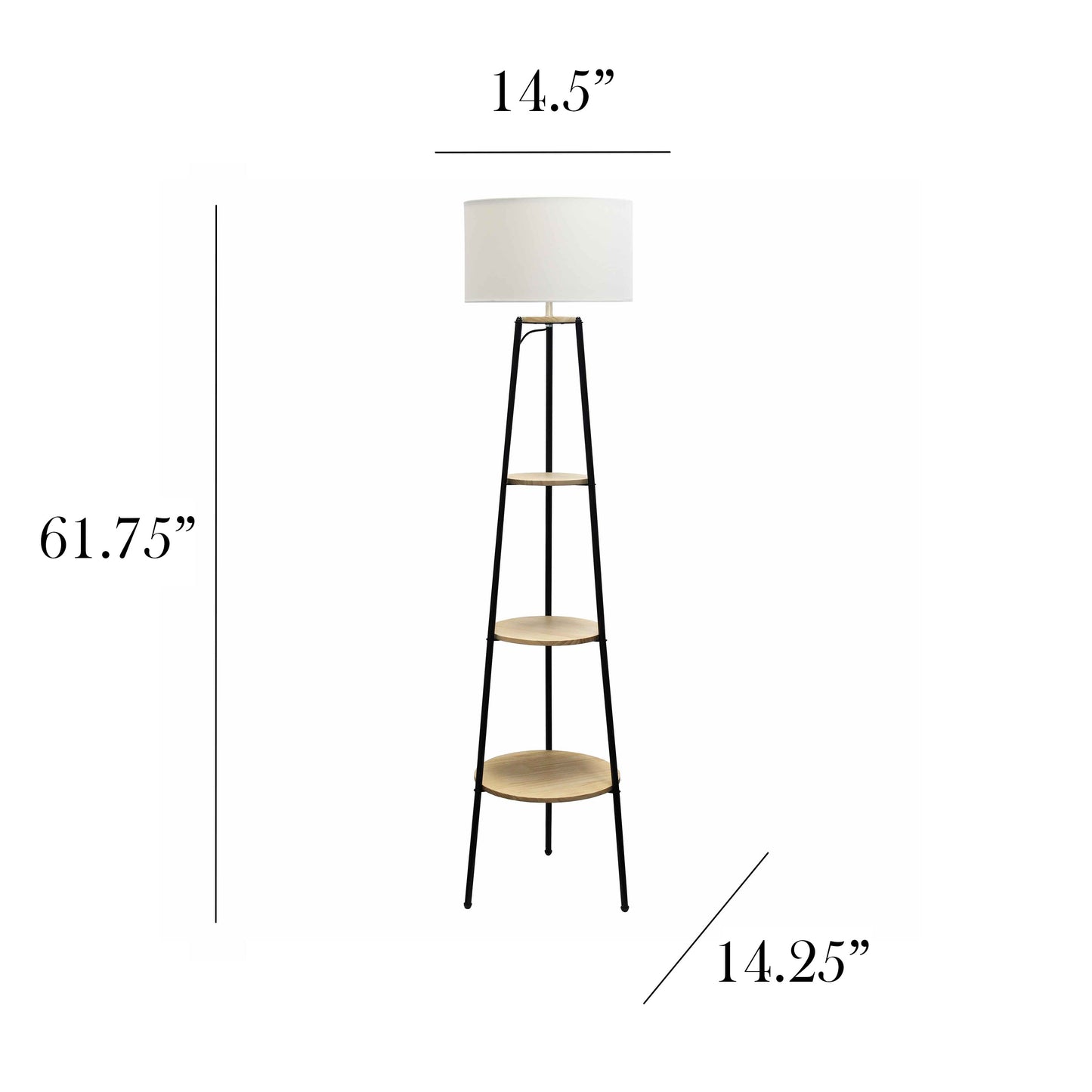 All The Rages 63" Light Wood Tall Tripod 3-Tier Shelf Standing Floor Lamp With White Drum Fabric Shade