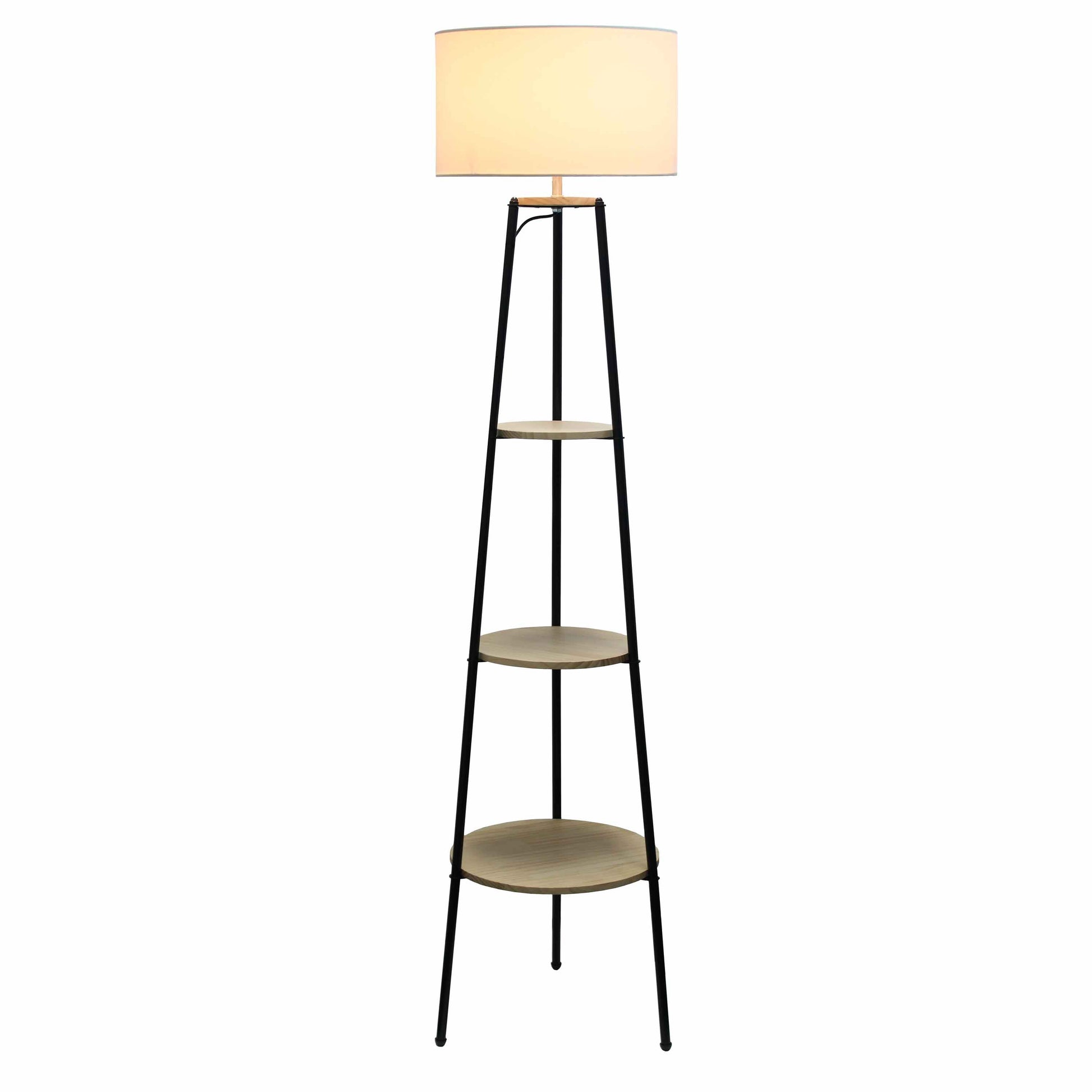 All The Rages 63" Light Wood Tall Tripod 3-Tier Shelf Standing Floor Lamp With White Drum Fabric Shade