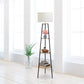 All The Rages 63" Light Wood Tall Tripod 3-Tier Shelf Standing Floor Lamp With White Drum Fabric Shade