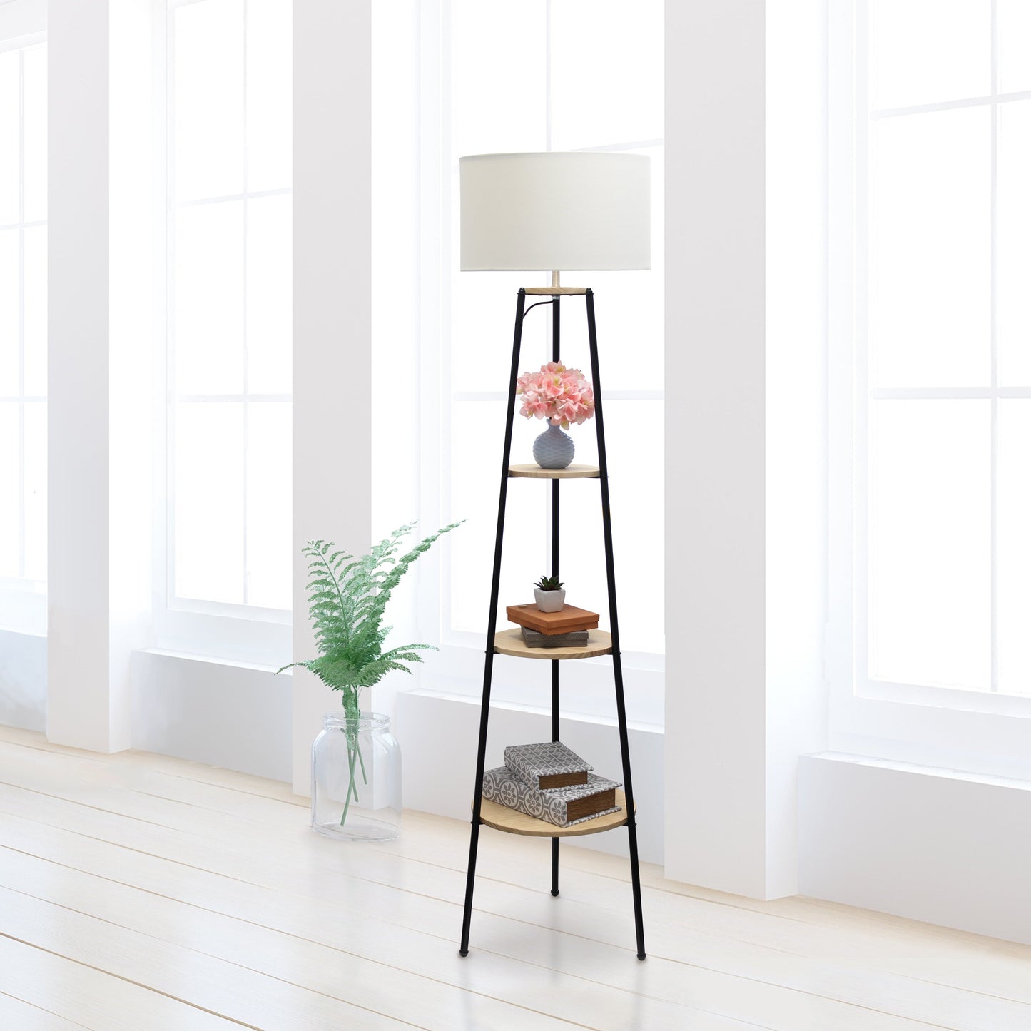 All The Rages 63" Light Wood Tall Tripod 3-Tier Shelf Standing Floor Lamp With White Drum Fabric Shade