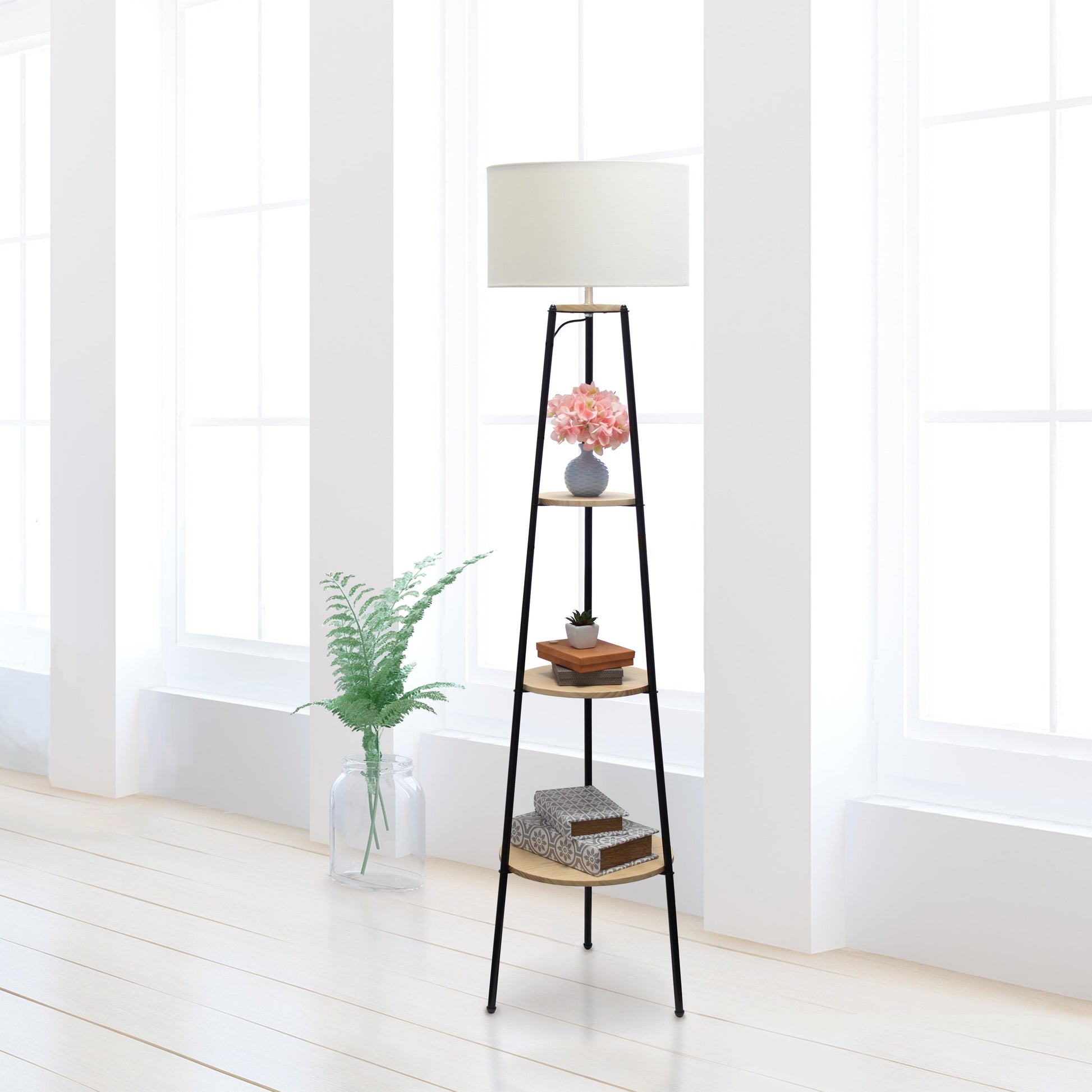 All The Rages 63" Light Wood Tall Tripod 3-Tier Shelf Standing Floor Lamp With White Drum Fabric Shade