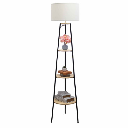 All The Rages 63" Light Wood Tall Tripod 3-Tier Shelf Standing Floor Lamp With White Drum Fabric Shade