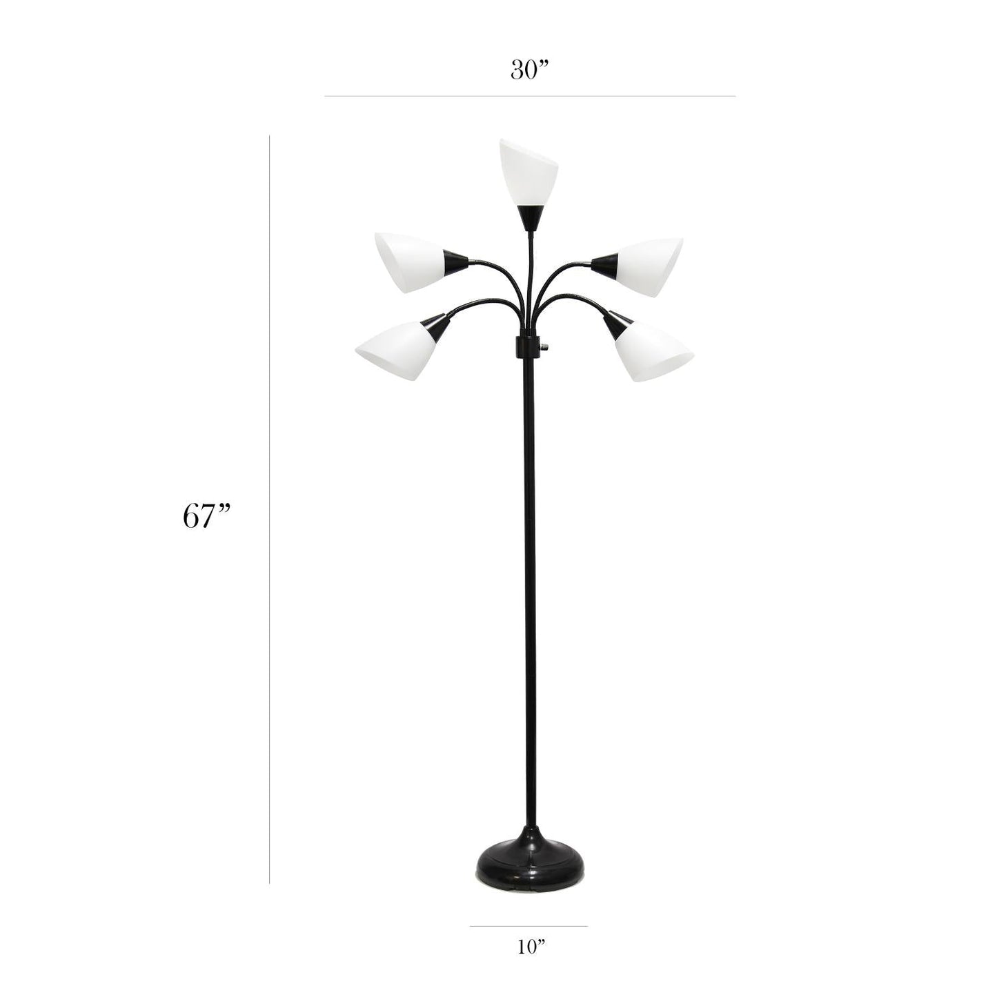 All The Rages 67" Black 5-Light Adjustable Gooseneck Floor Lamp With White Shades