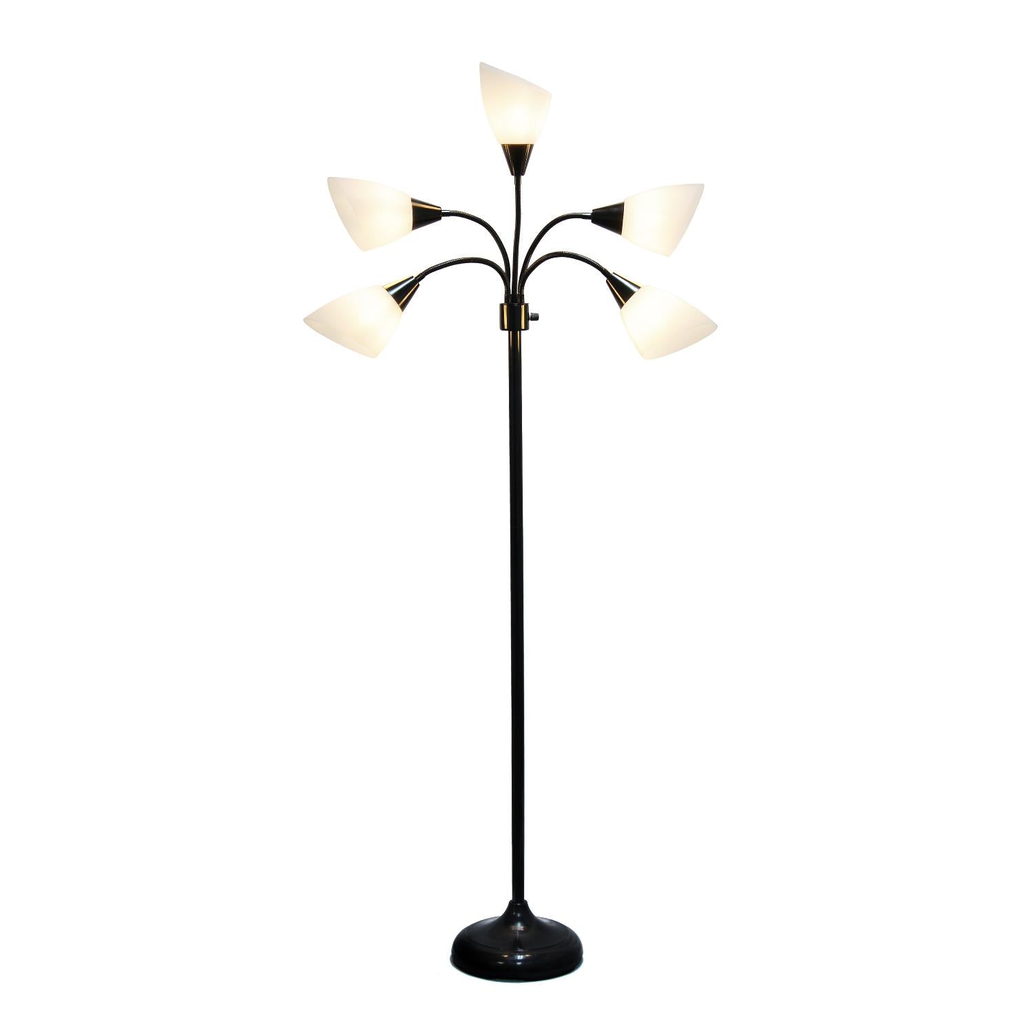 All The Rages 67" Black 5-Light Adjustable Gooseneck Floor Lamp With White Shades