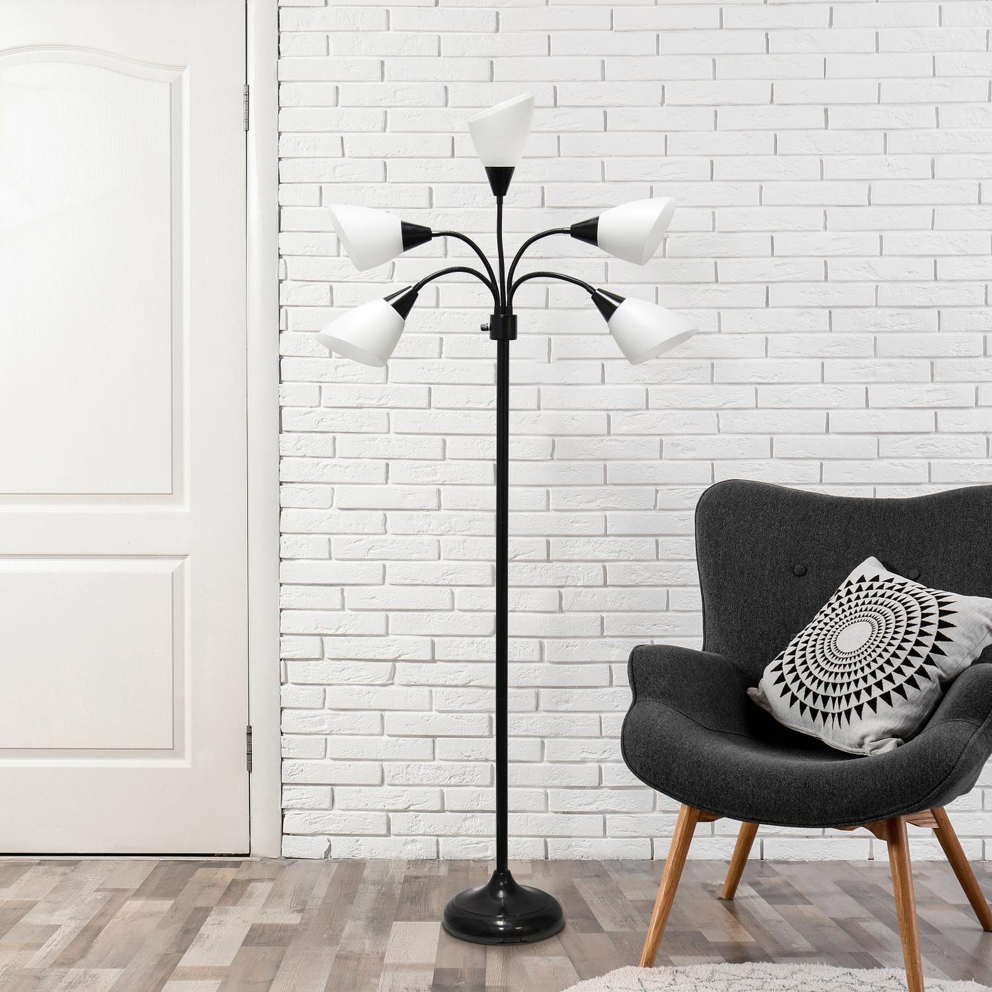 All The Rages 67" Black 5-Light Adjustable Gooseneck Floor Lamp With White Shades