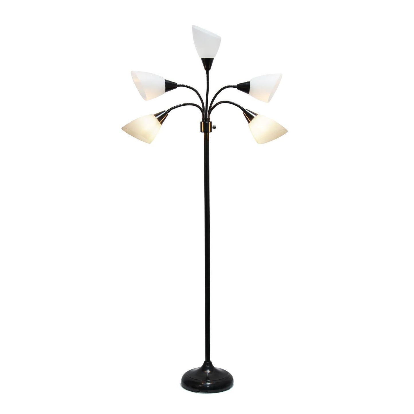 All The Rages 67" Black 5-Light Adjustable Gooseneck Floor Lamp With White Shades