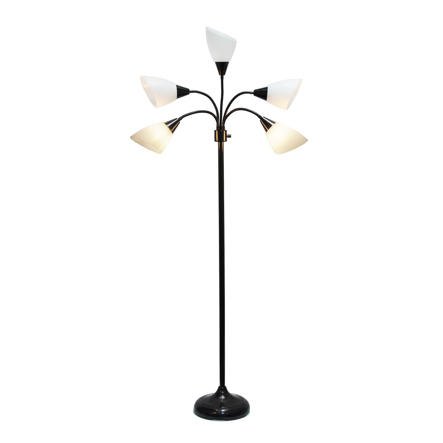 All The Rages 67" Black 5-Light Adjustable Gooseneck Floor Lamp With White Shades