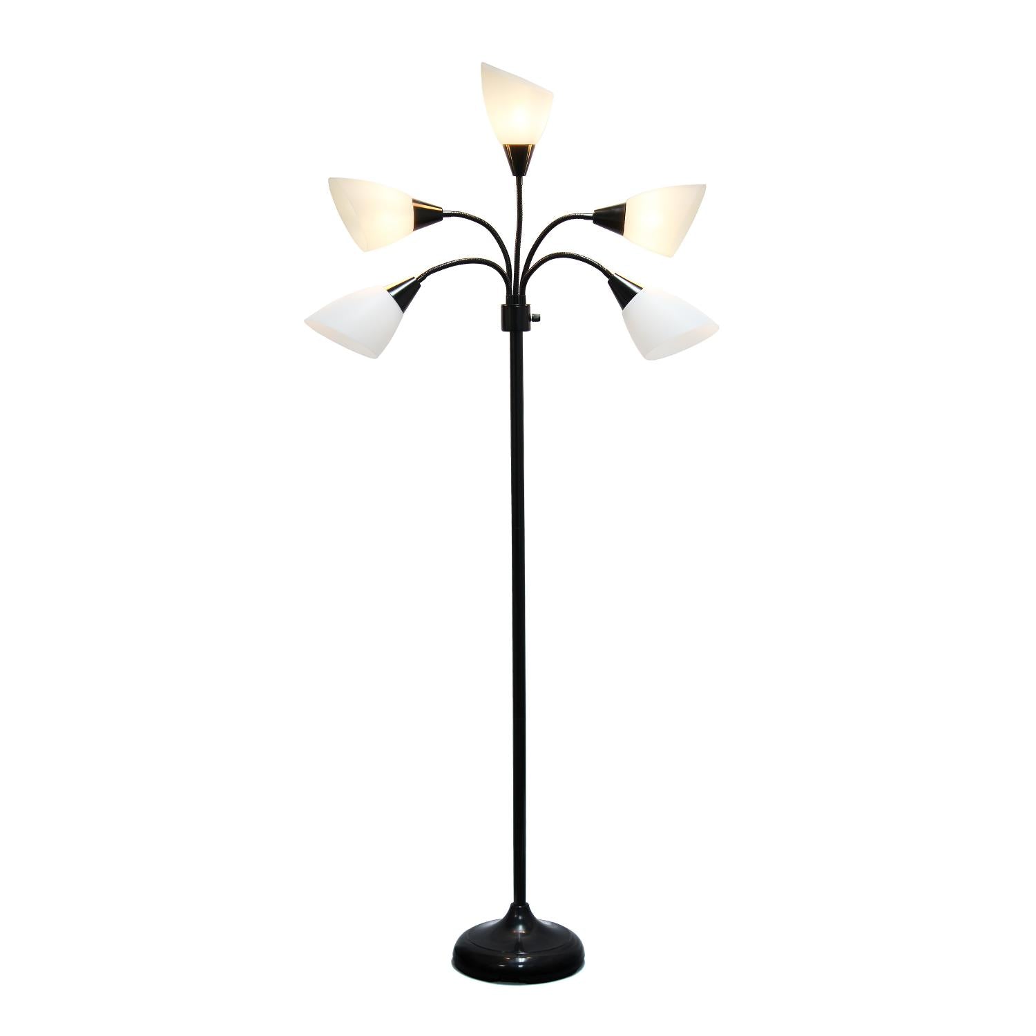 All The Rages 67" Black 5-Light Adjustable Gooseneck Floor Lamp With White Shades