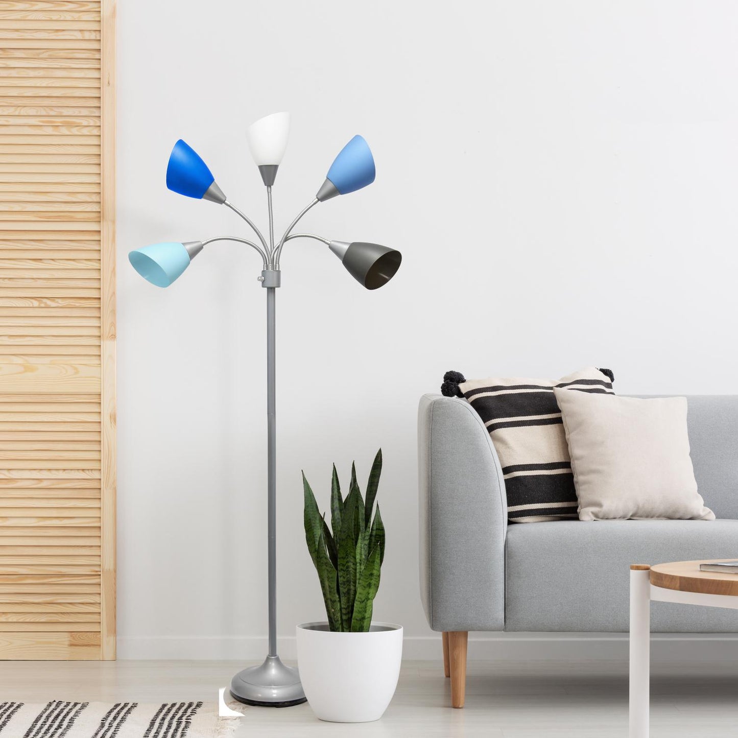 All The Rages 67" Silver 5-Light Adjustable Gooseneck Floor Lamp With Blue, White & Gray Shades
