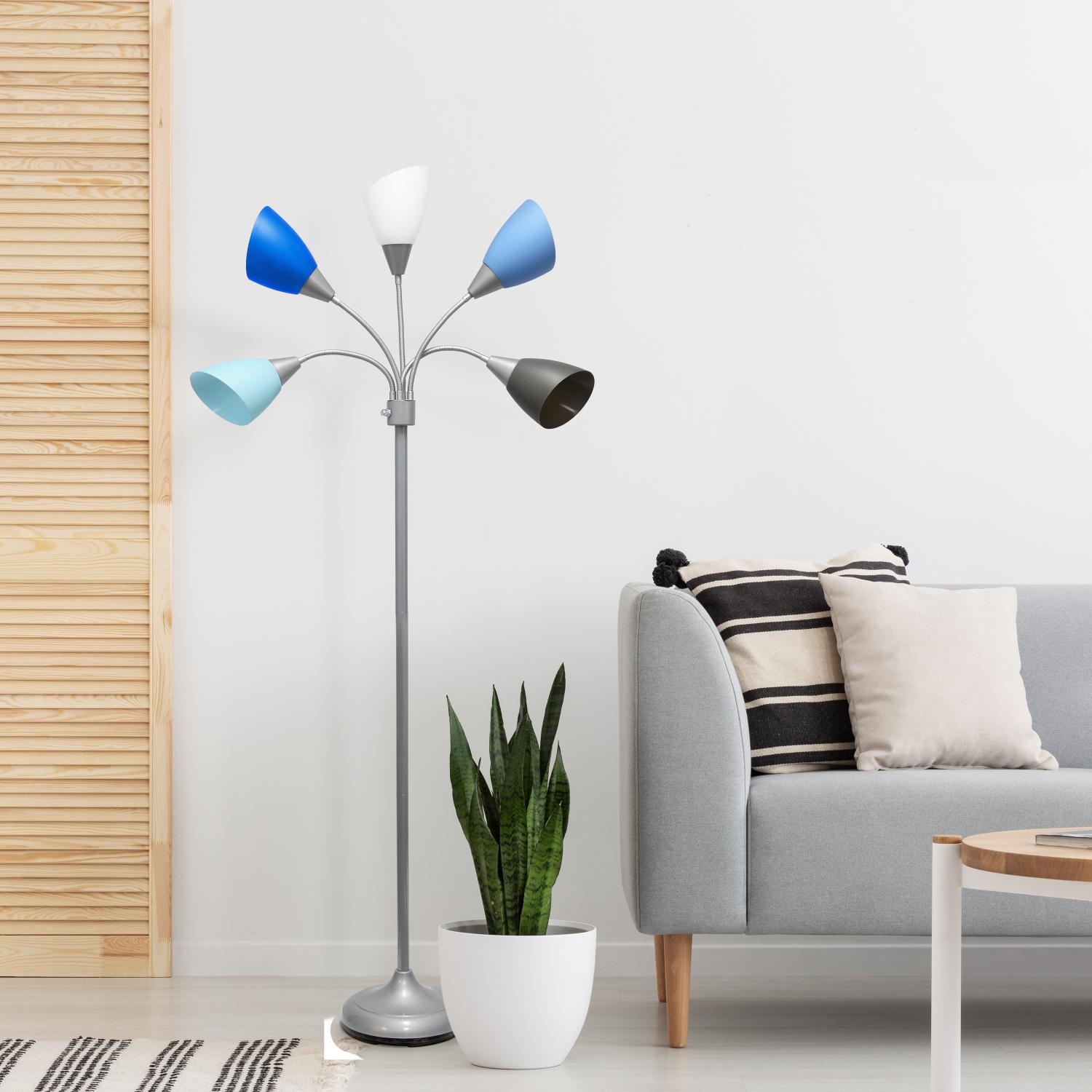 All The Rages 67" Silver 5-Light Adjustable Gooseneck Floor Lamp With Blue, White & Gray Shades
