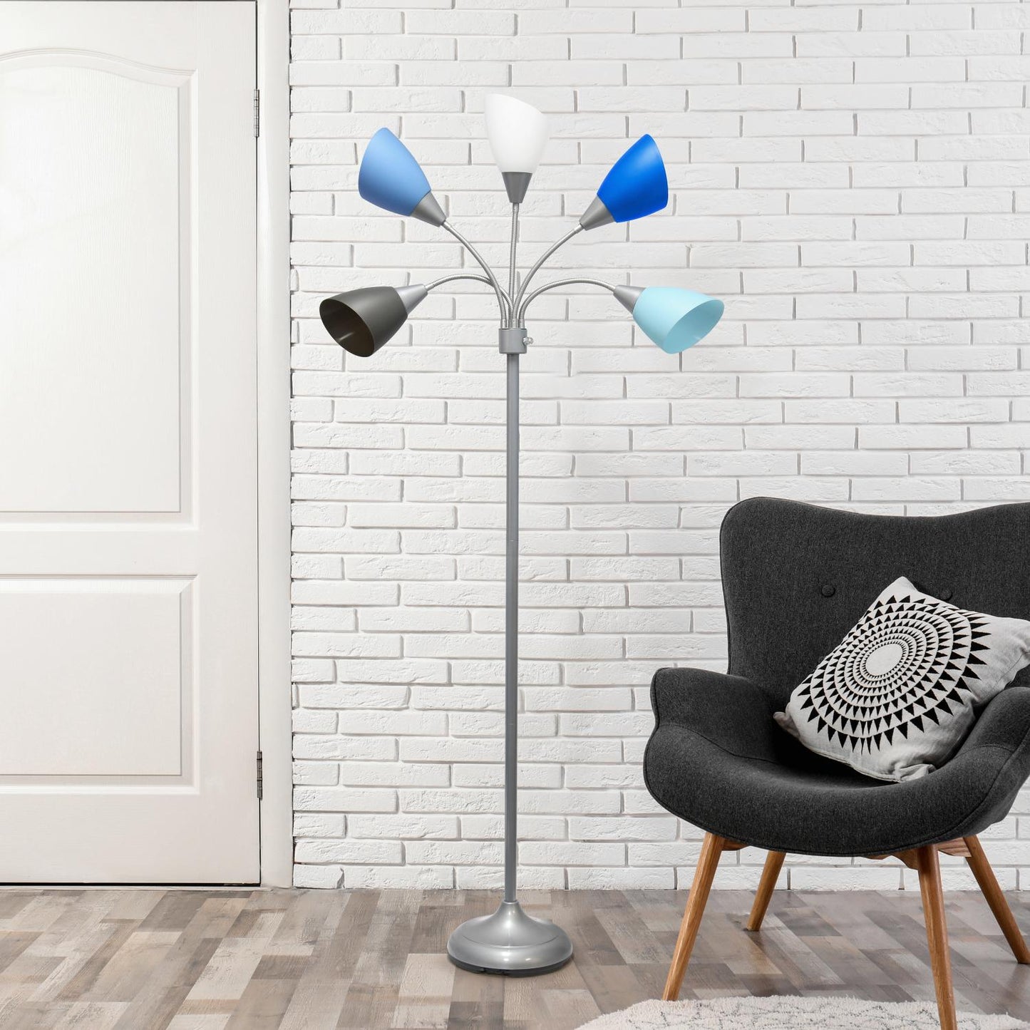 All The Rages 67" Silver 5-Light Adjustable Gooseneck Floor Lamp With Blue, White & Gray Shades
